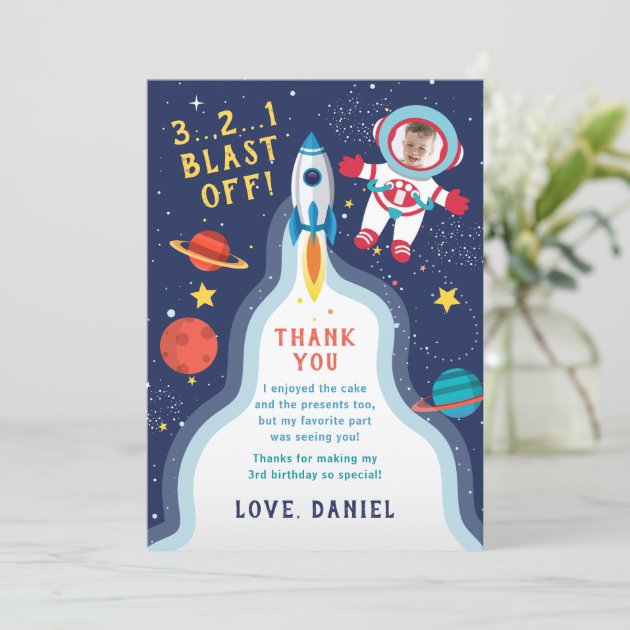 Astronaut Outer Space Boy Photo Birthday Thank You Card