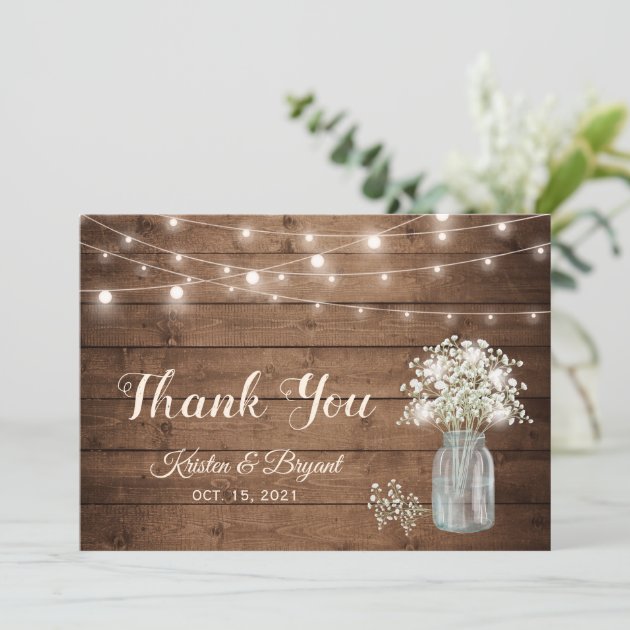 Baby's Breath Mason Jar String Lights Wedding Thank You Card (front side)