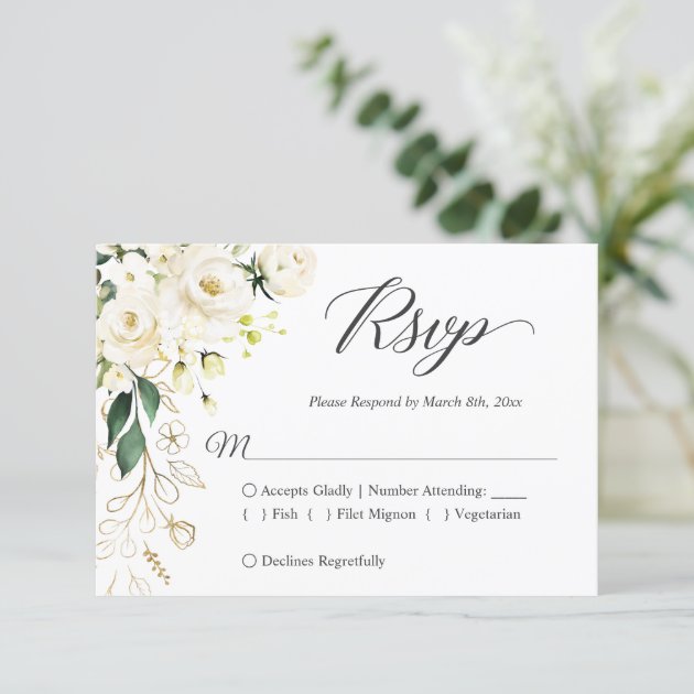 White Rose Gold Floral Wedding RSVP Reply
