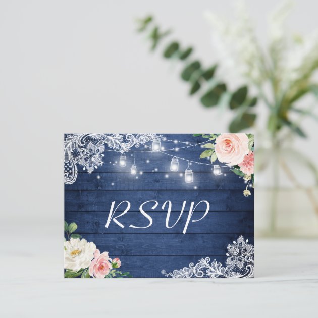 Mason Jar Lights Floral Rustic Blue Wedding RSVP Invitation Postcard