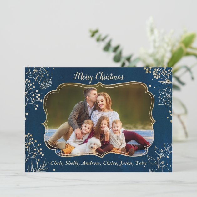 Navy Blue Gold Christmas Floral 2 Photo Frame Holiday Card