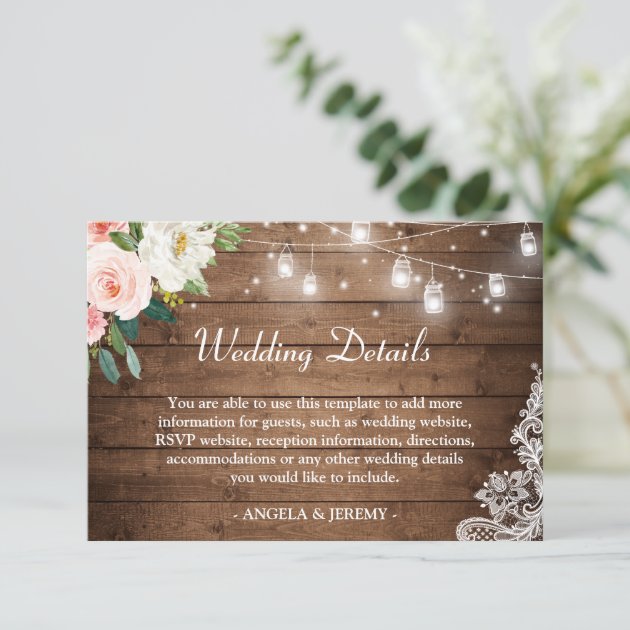 Rustic Wood String Lights Floral Wedding Details Enclosure Card
