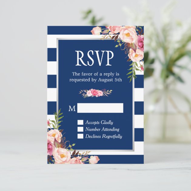Blush Pink Floral Silver Navy Blue Stripes Wedding RSVP Card