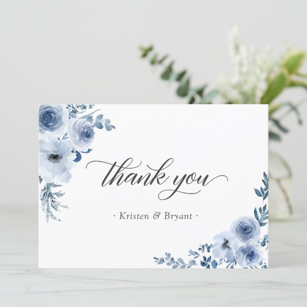 Dusty Blue Bohemian Pastel Floral Wedding Flat Thank You Card