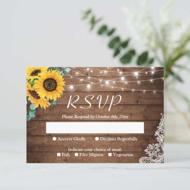 Rustic Sunflower Eucalyptus String Lights Wedding RSVP Card