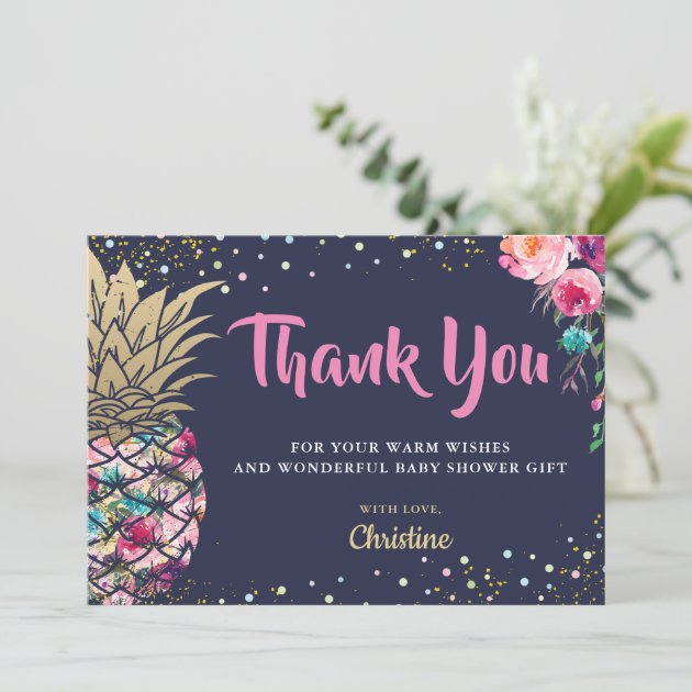 Tropical Pink Pineapple Navy Blue Thank you Card