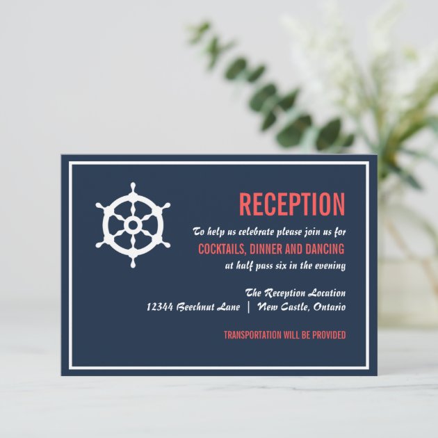 Navy And Coral Nautical Wedding Reception Card