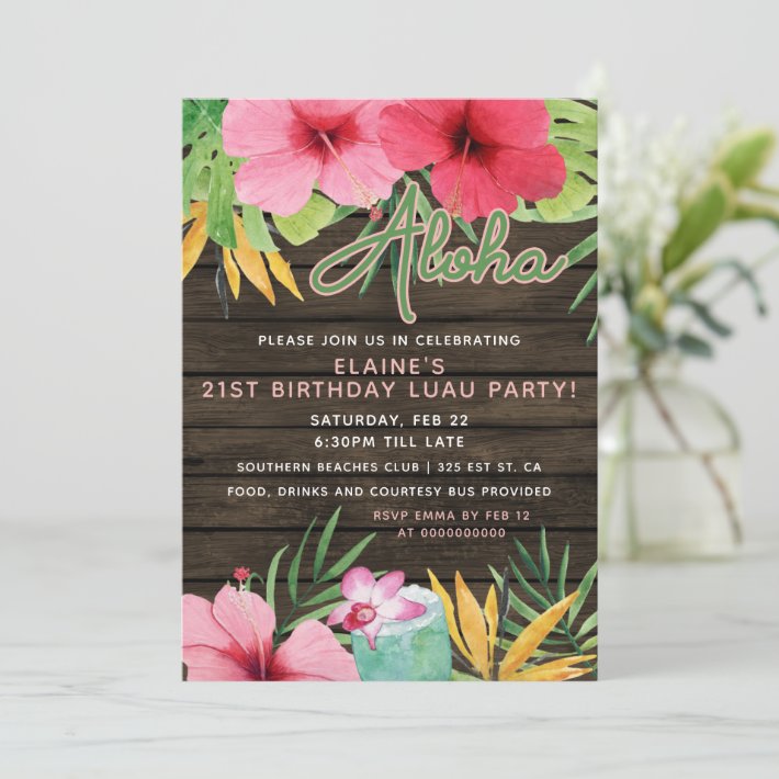 Tropical LUAU Adult Birthday Party Invitation