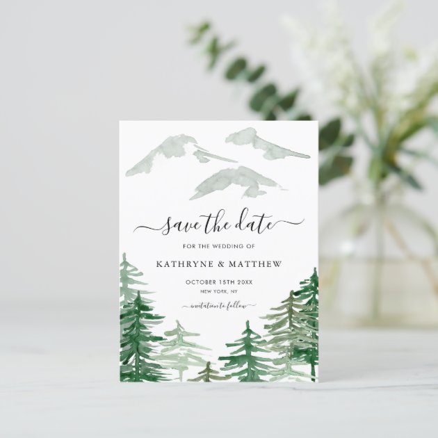 Rustic Watercolor Woodland Forest Save the Date Announcement Postcard