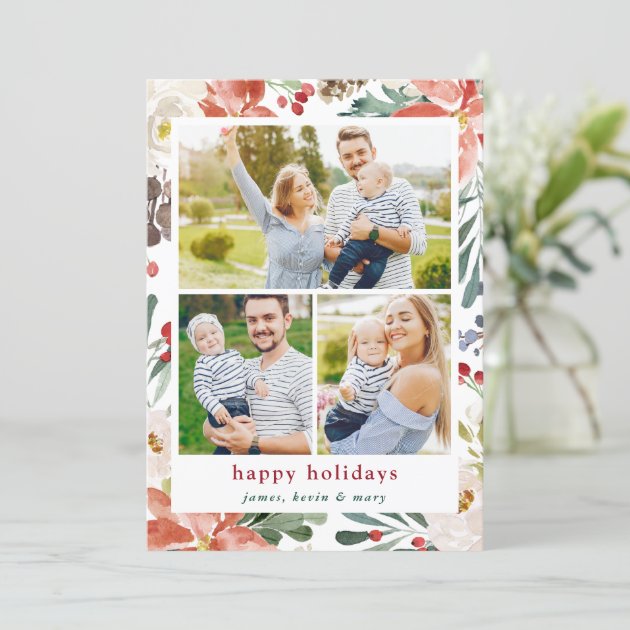 3 Photos Collage Christmas Poinsettia Ivory Floral Holiday Card