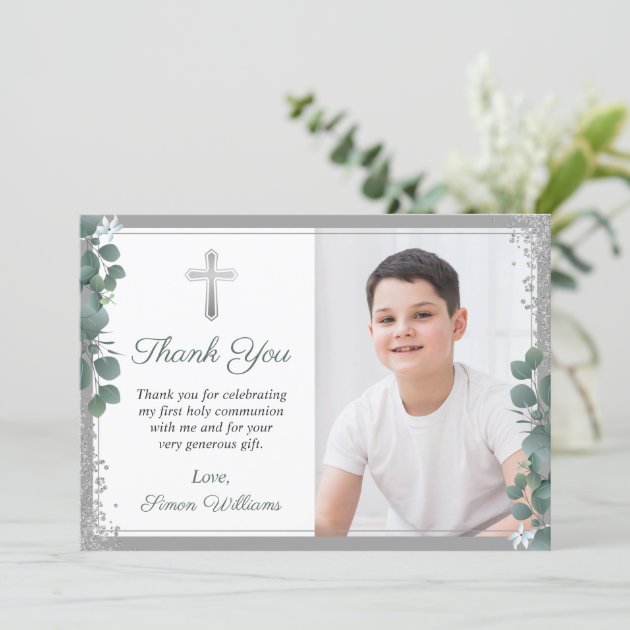 Greenery Silver Glitter First Holy Communion Photo Thank You Card