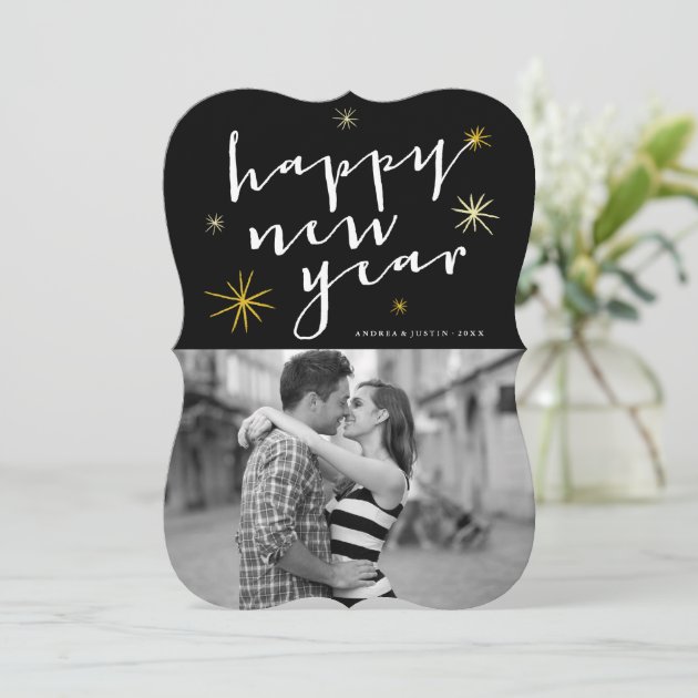 Happy New Year Script Gold Starburst Photo Card