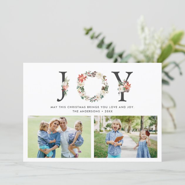 JOY Christmas Floral Wreath Two Photos Collage Holiday Card