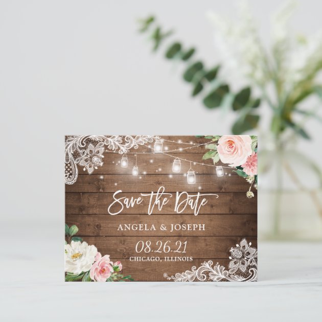Rustic Mason Jar Lights Lace Wedding Save the Date Invitation Postcard