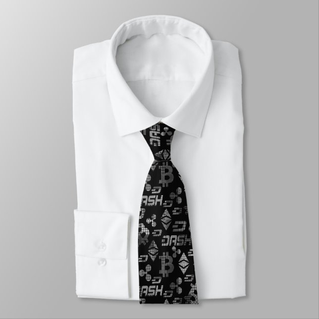 Cryptocurrencies black and white neck tie (Tied)