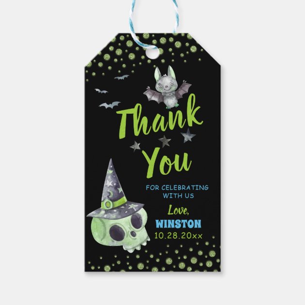 Spooky Green Skull Bet Halloween Thank You Gift Tags