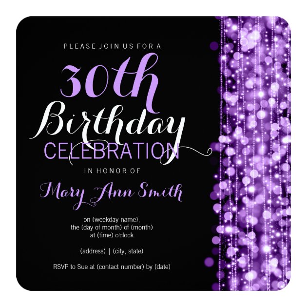 Elegant 30th Birthday Party Sparkles Purple Invitation (front side)