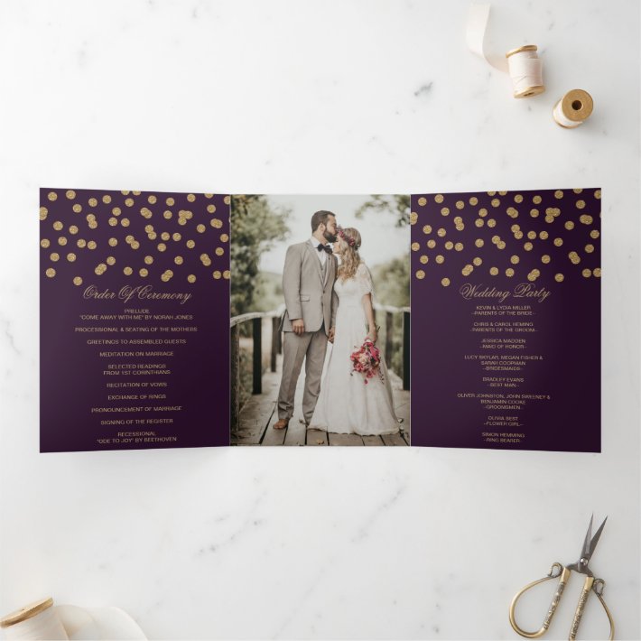 Purple Gold Glitter Confetti Photo Wedding Tri-Fold Program