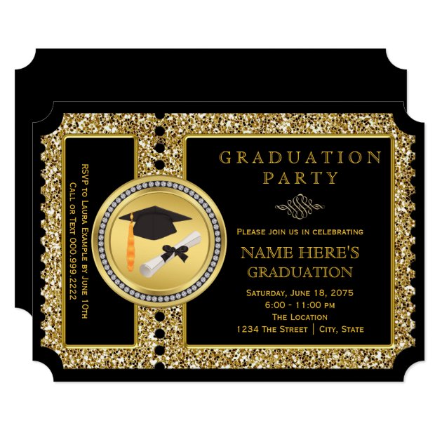 Black And Gold Glitter Graduation Invitation