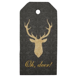 Gold Reindeer Head Silhouette Black Damask Wooden Gift Tags