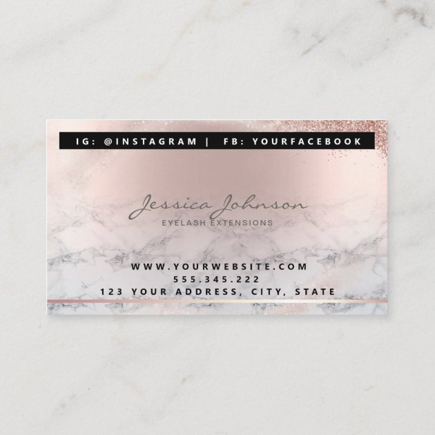 Trendy Glitter Rose gold drips Lashes marble Business Card (back side)