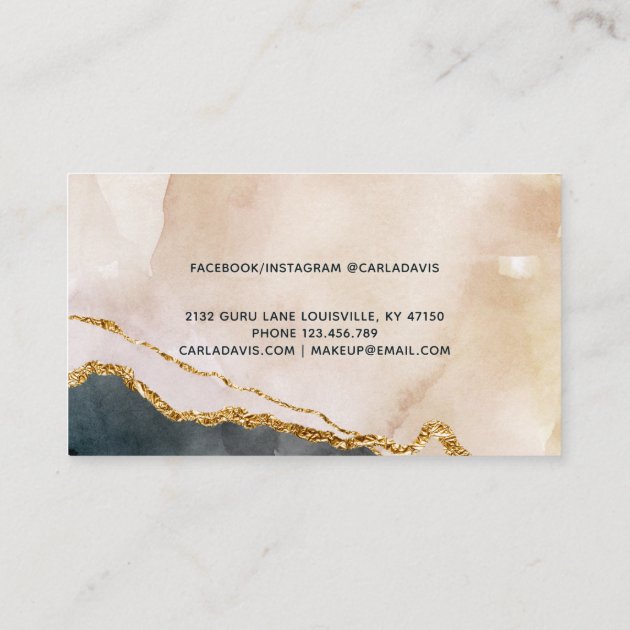 Signature Script Watercolor Pink Black Gold Marble Business Card (back side)