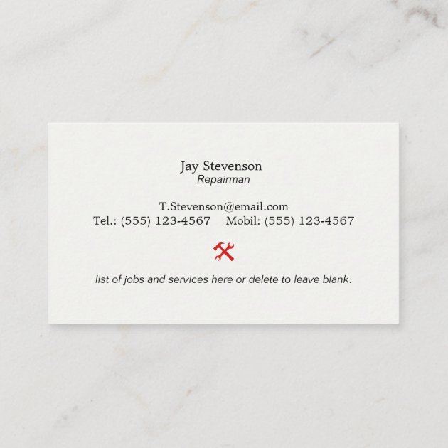 Cool Handyman Home Repair Hammer and Wrench Logo Business Card (back side)