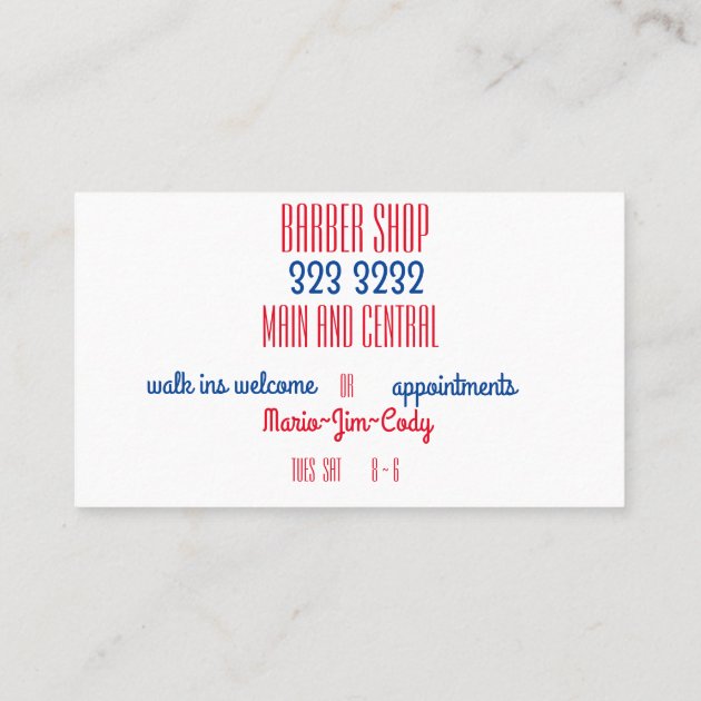 Red and White Striped w/BarberPole, Straight Razor Business Card (back side)