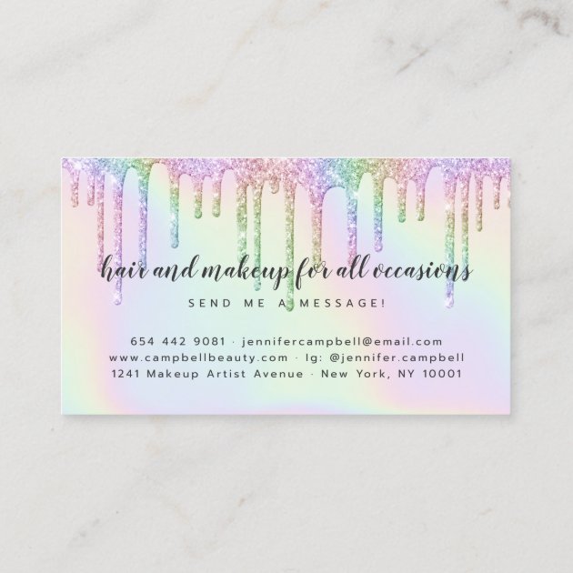 Holographic unicorn makeup hair glitter drips glam business card (back side)
