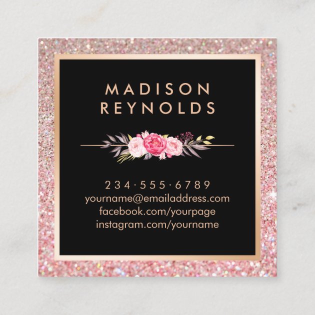 Rose Gold Glitters Pink Floral Beauty Salon Square Business Card (back side)