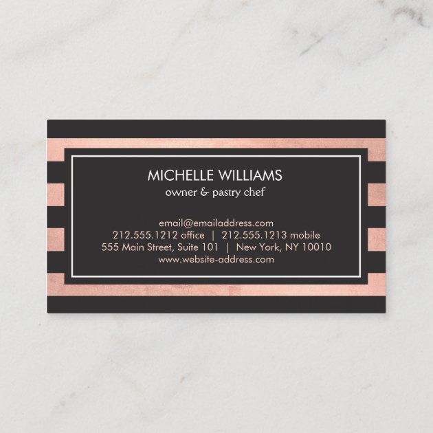 Luxe Striped Rose Gold Whisk Spoon Logo Bakery II Business Card (back side)