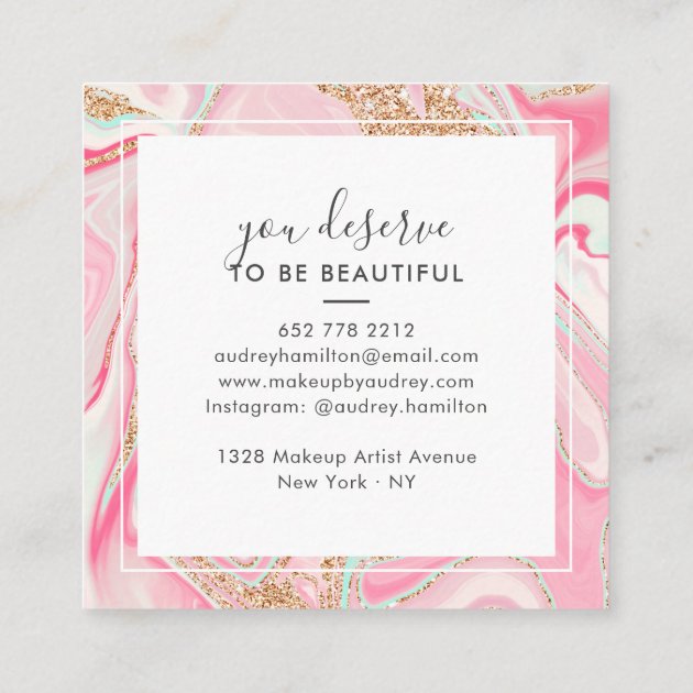 Modern pink marble rose gold elegant makeup artist square business card (back side)