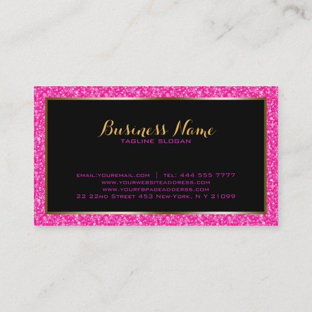 Hot Pink Faux Glitter Gold Accents Makeup Business Card (back side)
