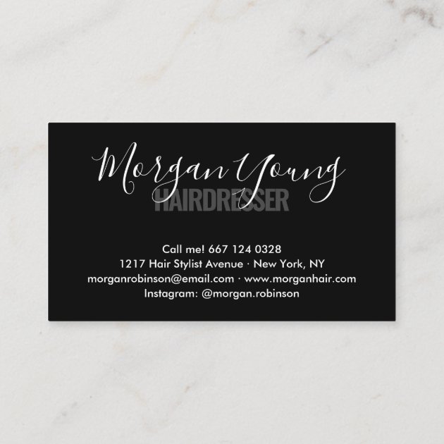 Modern black chic hair stylist script signature business card (back side)