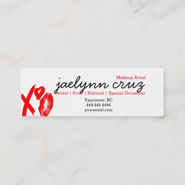 Mini Makeup artist business card red xoxo lips (back side)