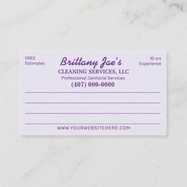 Professional Cleaning/Janitorial Housekeeping Serv Business Card (back side)