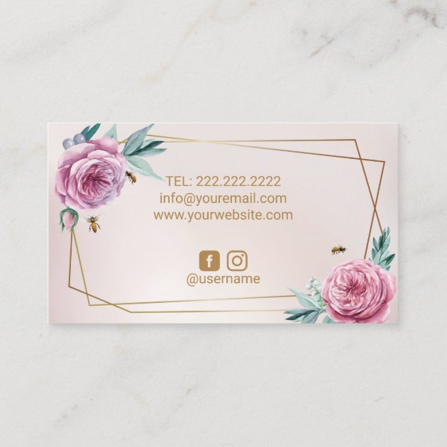 Bakery Pastry Chef Pink Flower & Bees Sweet Cake Business Card (back side)