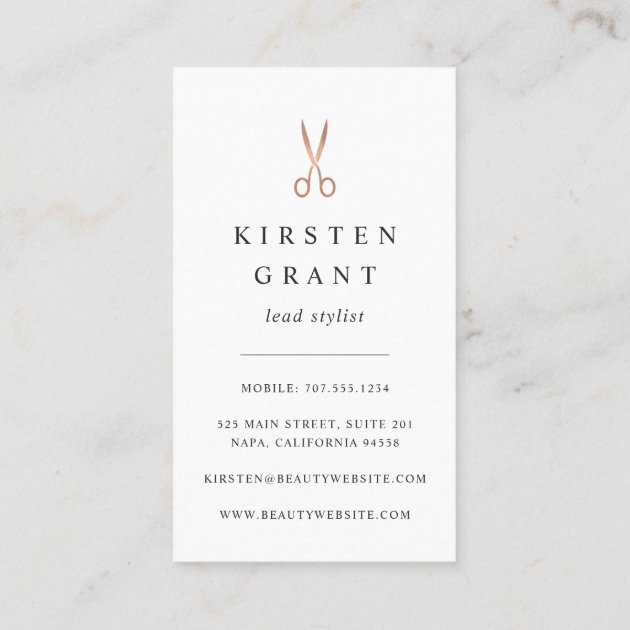 Marble & Rose Gold Scissors Hairstylist Business Card (back side)
