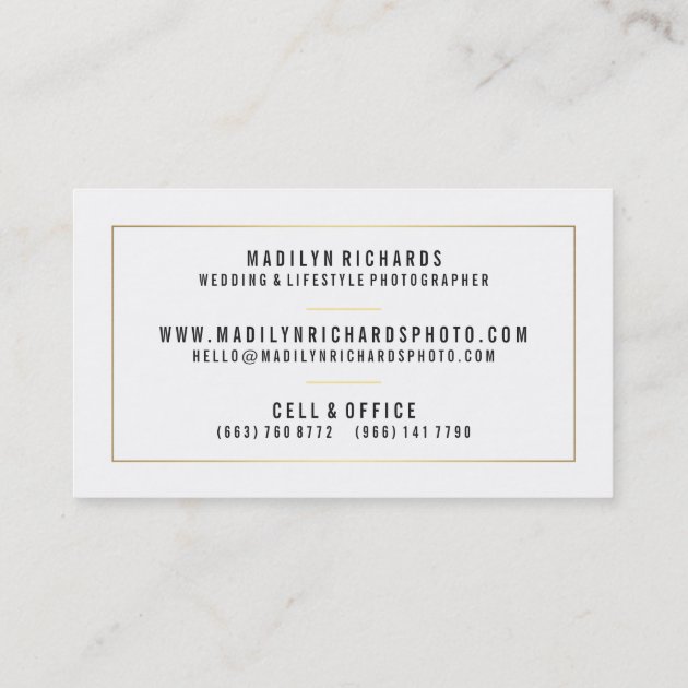 Modern elegant white chic gold lines photography business card (back side)
