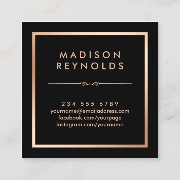 Black White Marble Rose Gold Beauty Salon Square Business Card (back side)