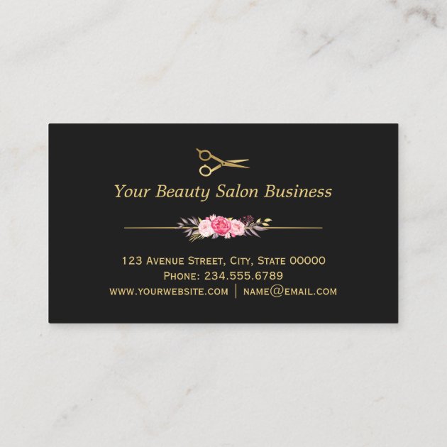 Gold Scissors Floral Hair Stylist Beauty Salon Business Card (back side)