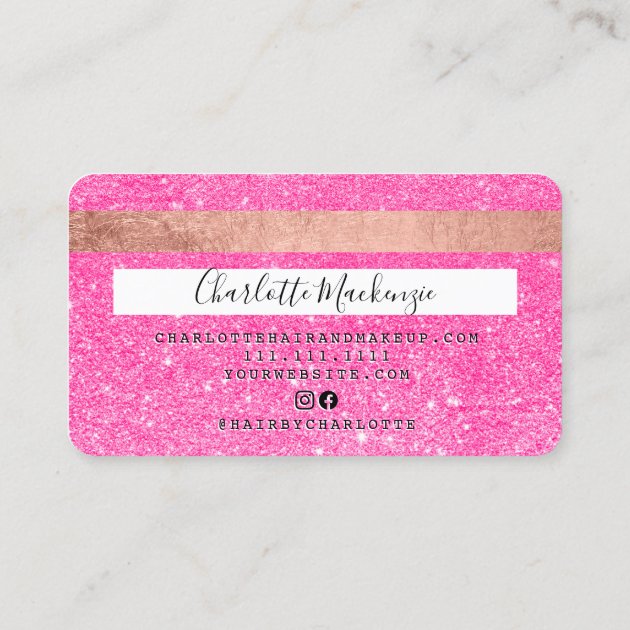Credit card neon pink glitter makeup hair monogram (back side)