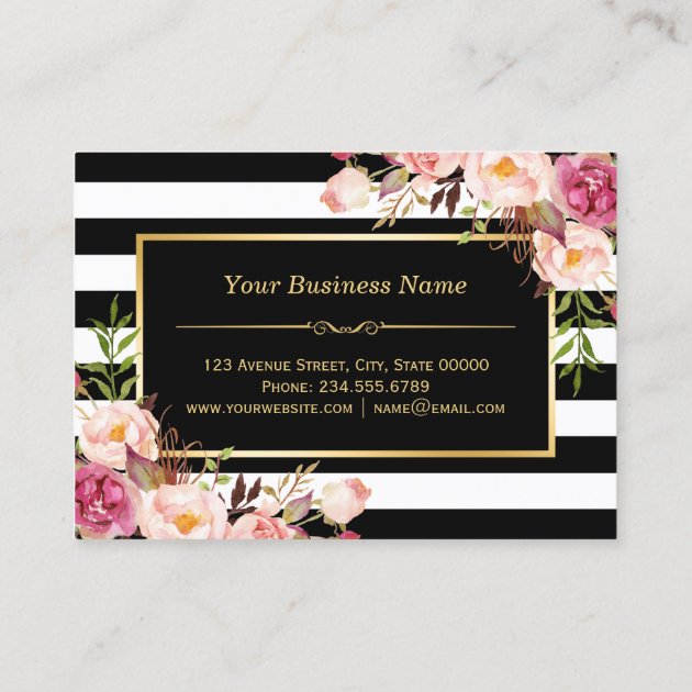 Vintage Floral Wrapping Around Black White Stripes Business Card (back side)