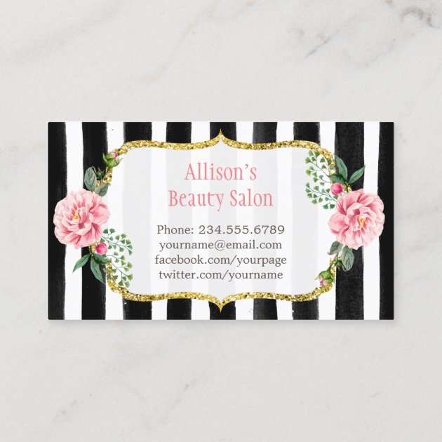Makeup Artist Gold Lips Romantic Floral Striped Business Card (back side)