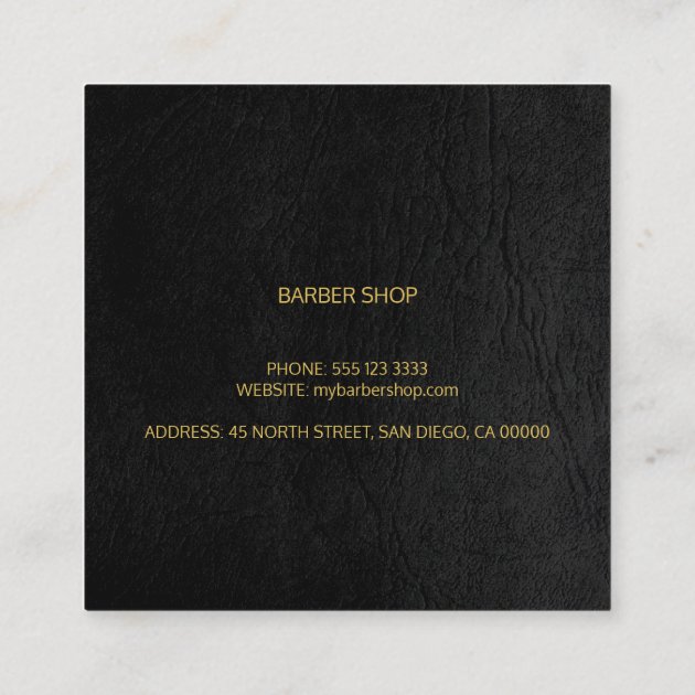Barber stylist luxury gold black leather look square business card (back side)