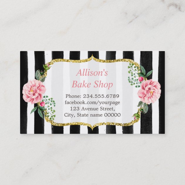 Wedding Cake Design Gold Pink Floral Striped Business Card (back side)