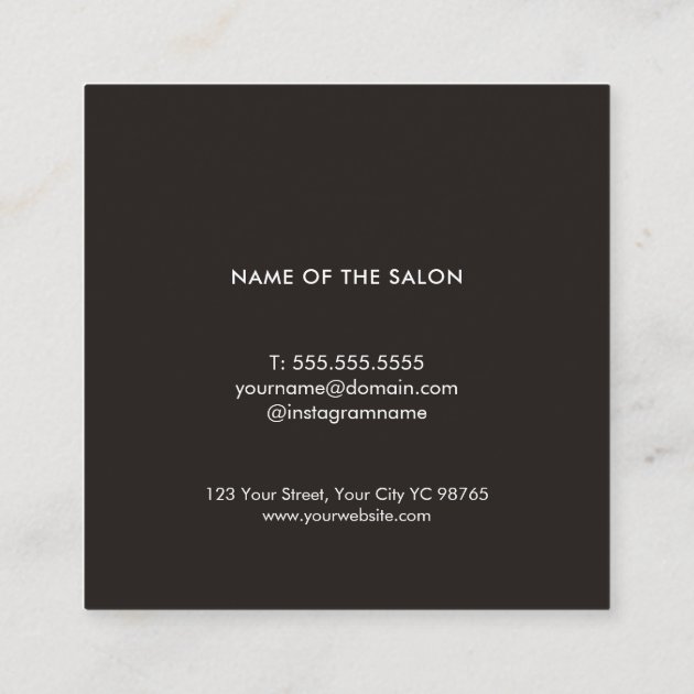 Modern Elegant Black Texture White Hair Stylist Square Business Card (back side)