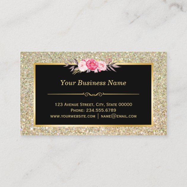 Bakery Cupcake Logo | Floral Gold Glitter Sparkles Business Card (back side)