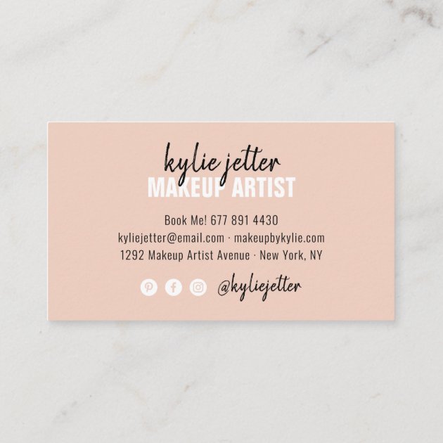 Makeup artist bold signature script blush pink business card (back side)