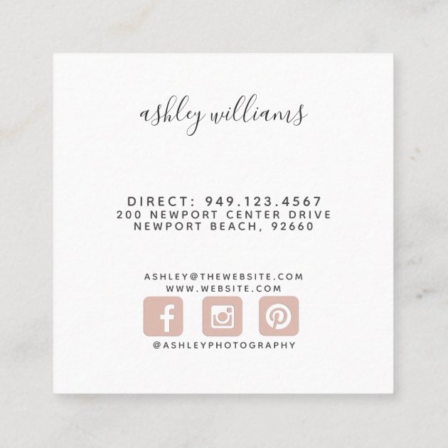 Square Blush Pink Photo Collage Photographer Square Business Card (back side)